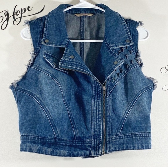 Vtg Y2K Denim vest Cropped With Cross Studs Size M BIKERCORE Grunge - Picture 2 of 6